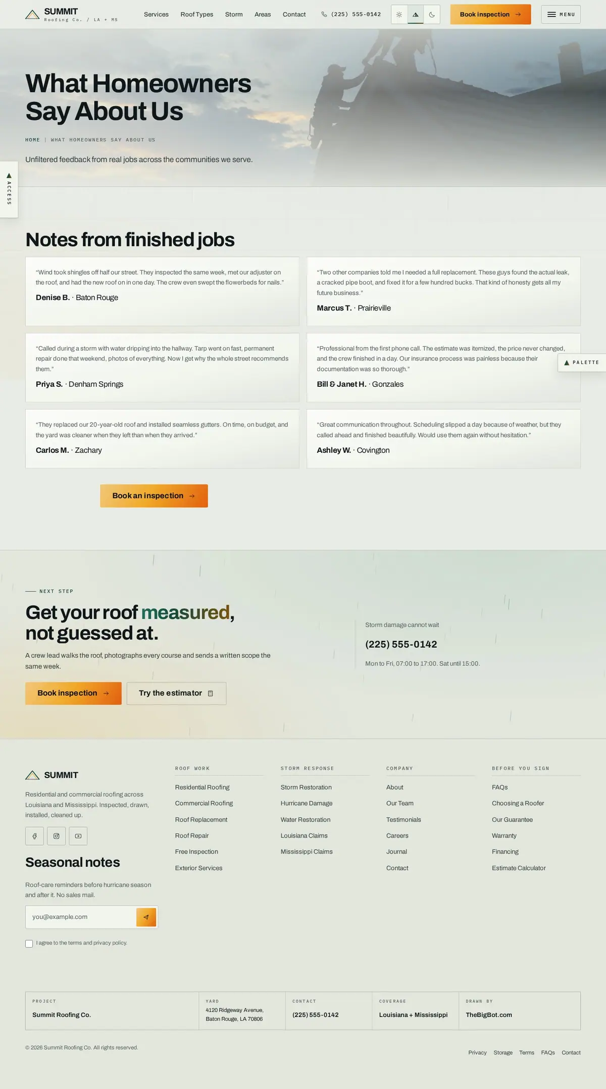The testimonials page of the Summit Roofing Co. roofing website design