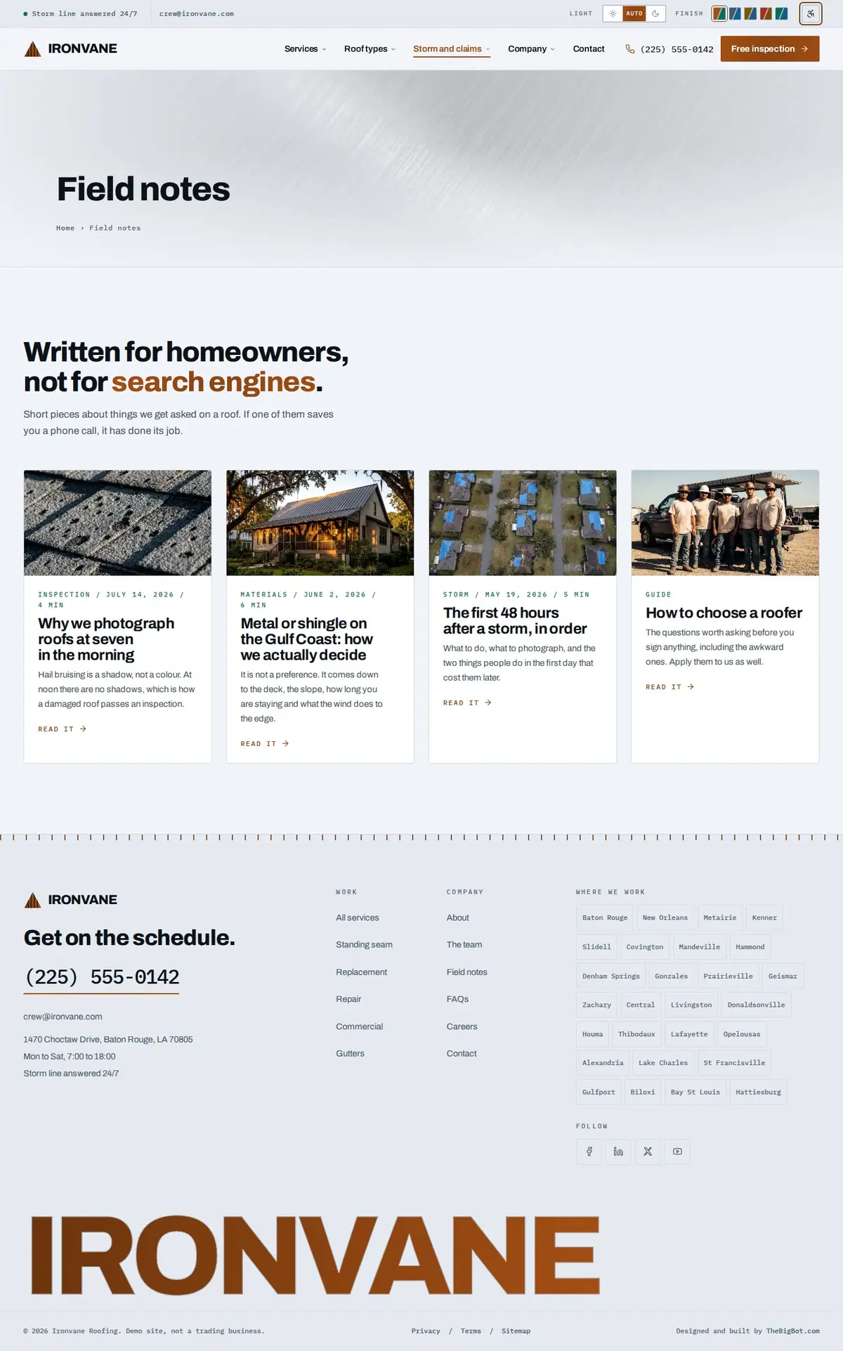 The blog page of the Ironvane Roofing roofing website design