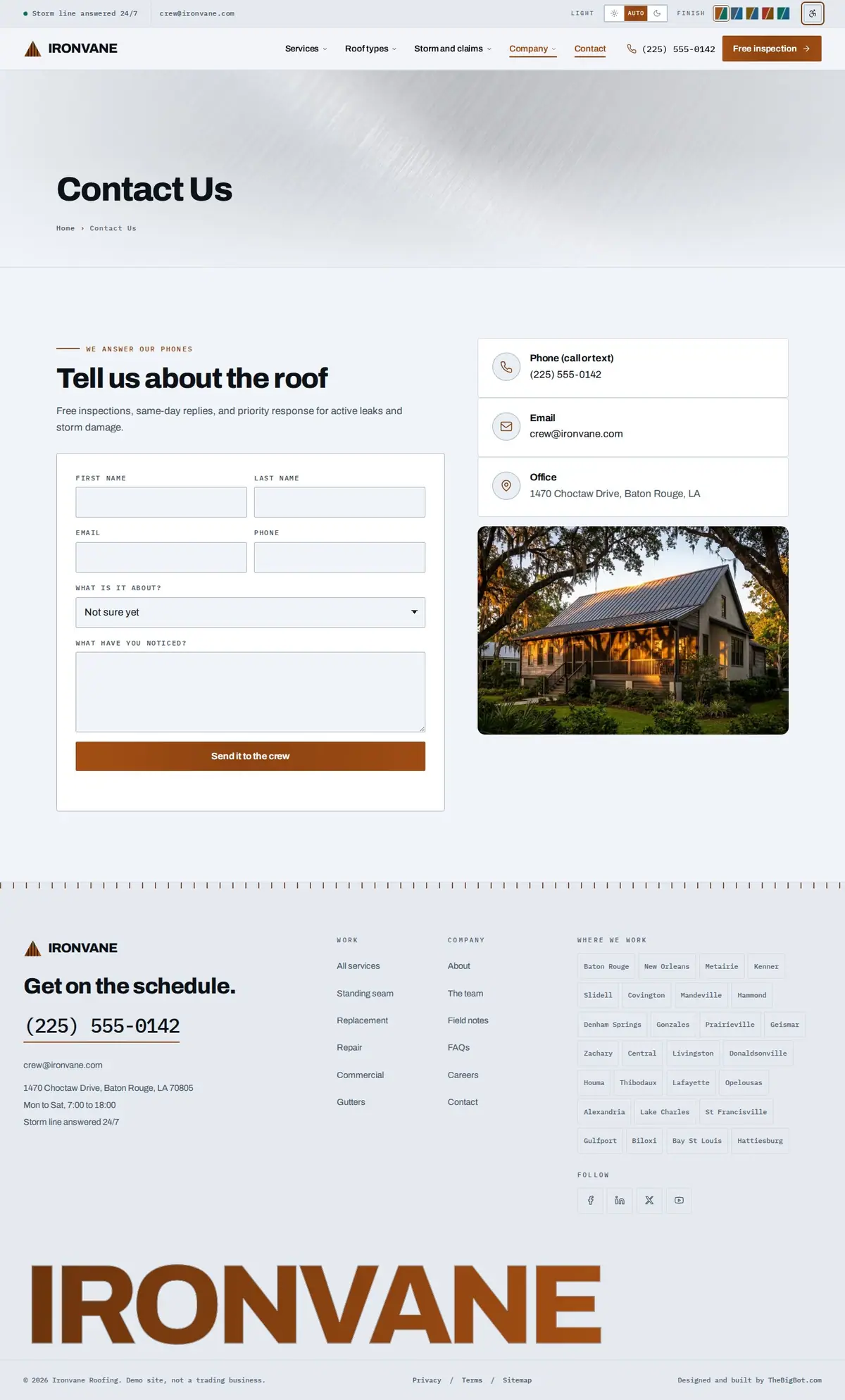 The contact page of the Ironvane Roofing roofing website design