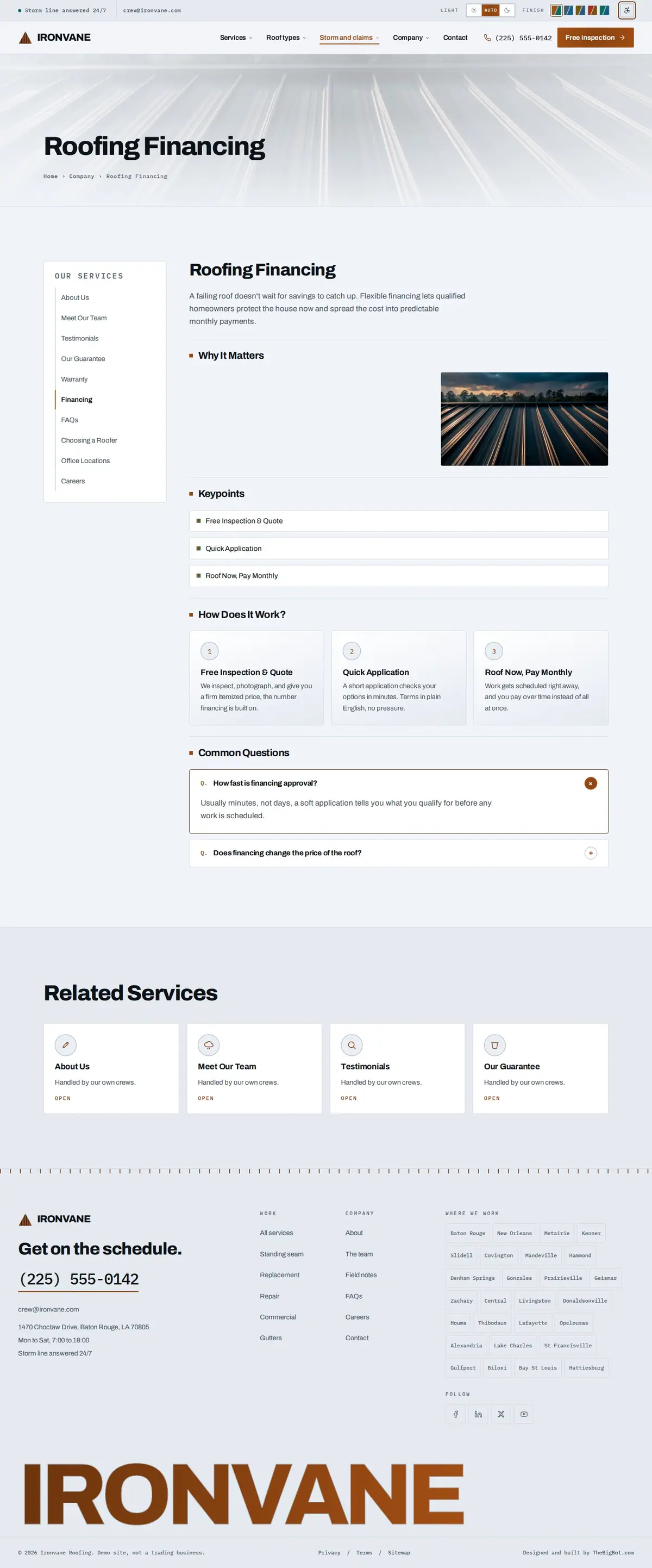 The financing page of the Ironvane Roofing roofing website design