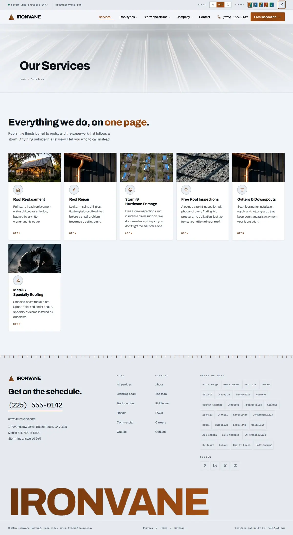 The services page of the Ironvane Roofing roofing website design