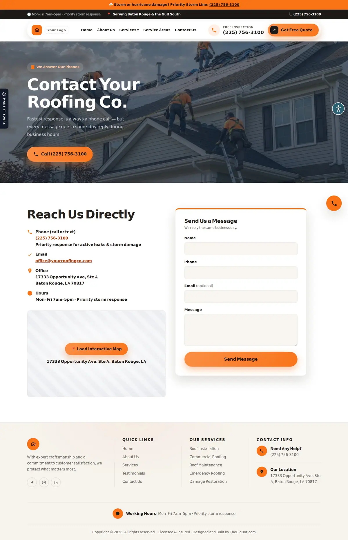 The contact page of the Your Roofing Co. — August 2026 roofing website design