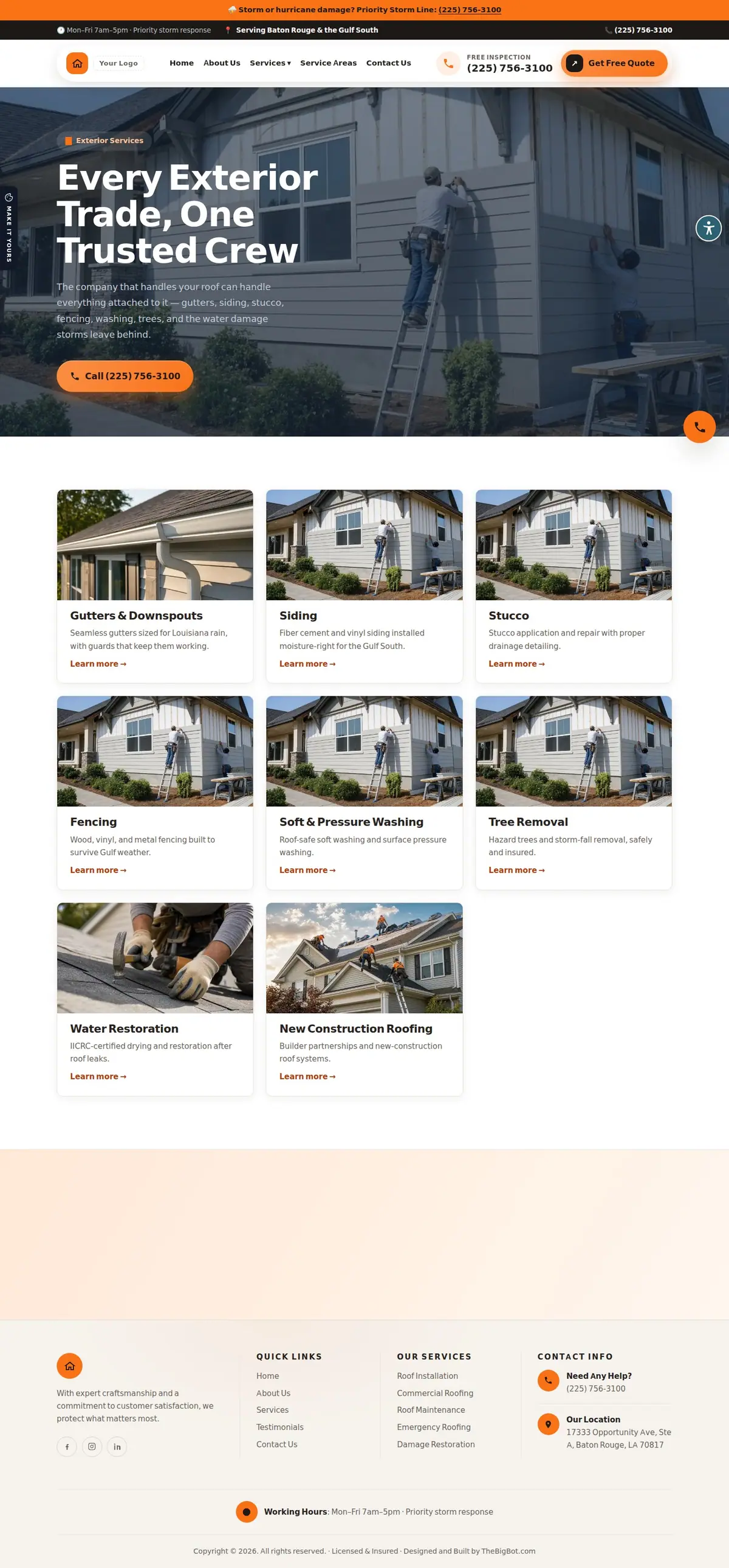 The exterior services page of the Your Roofing Co. — August 2026 roofing website design
