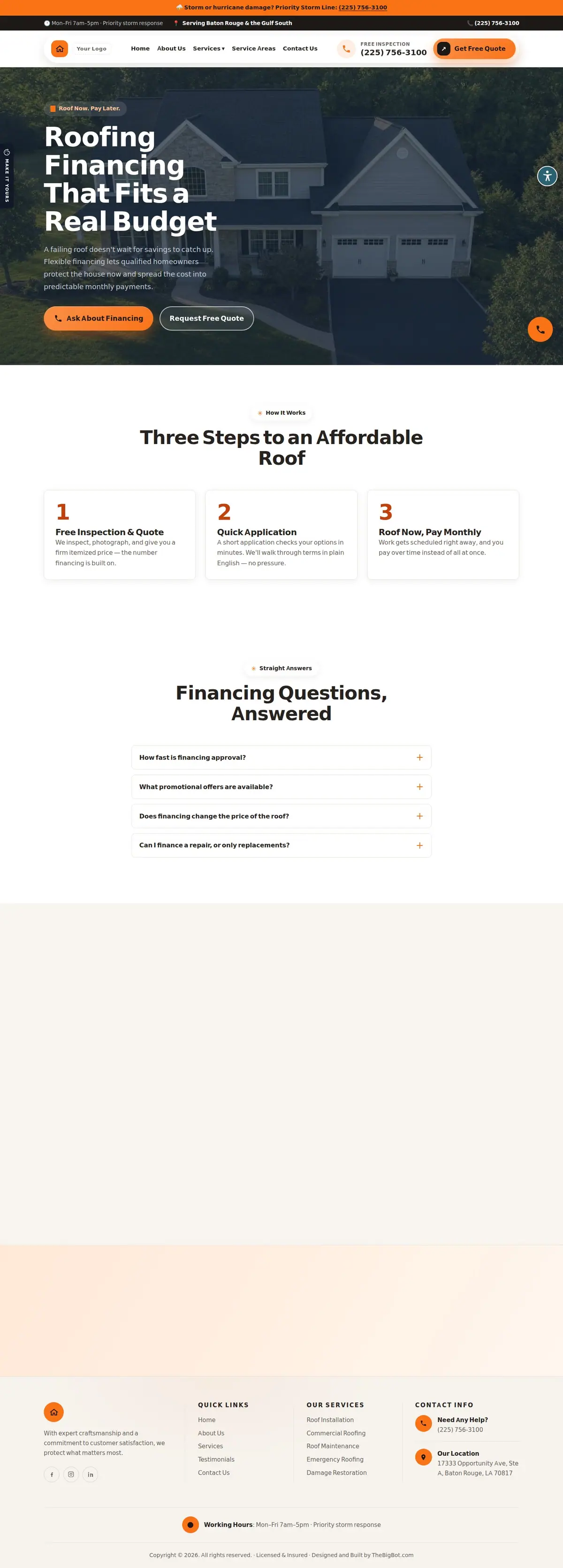 The financing page of the Your Roofing Co. — August 2026 roofing website design