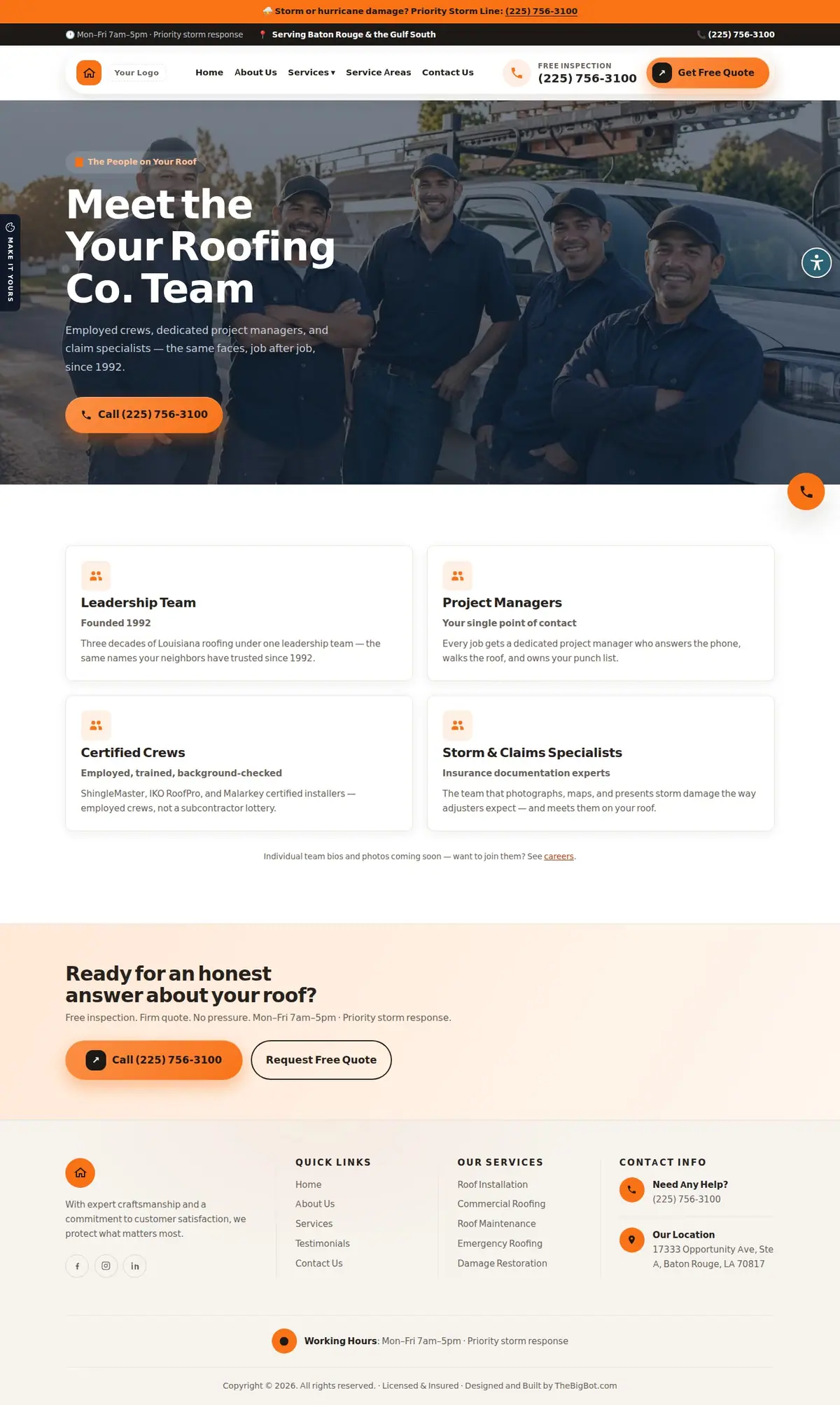 The meet our team page of the Your Roofing Co. — August 2026 roofing website design