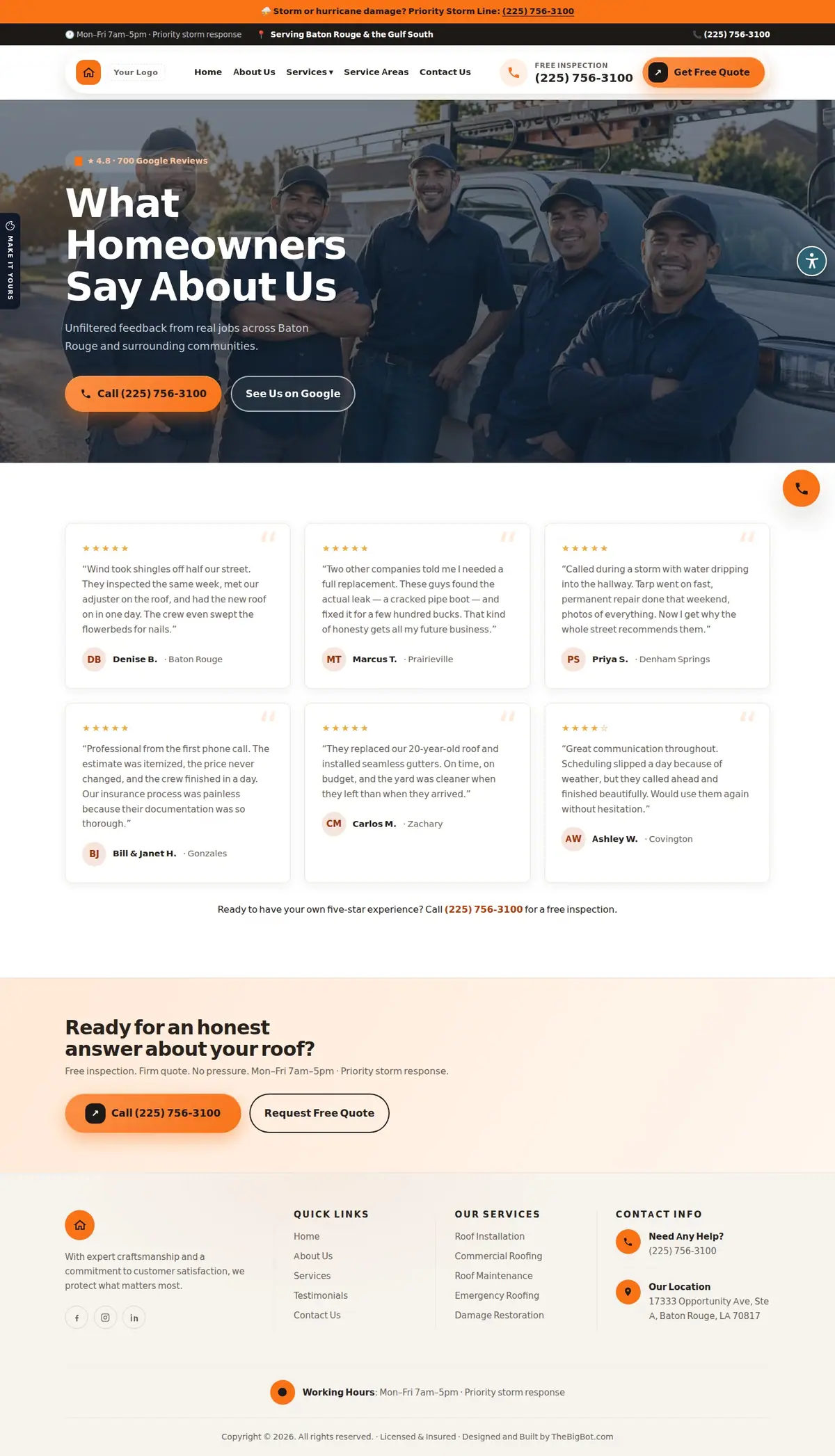 The testimonials page of the Your Roofing Co. — August 2026 roofing website design