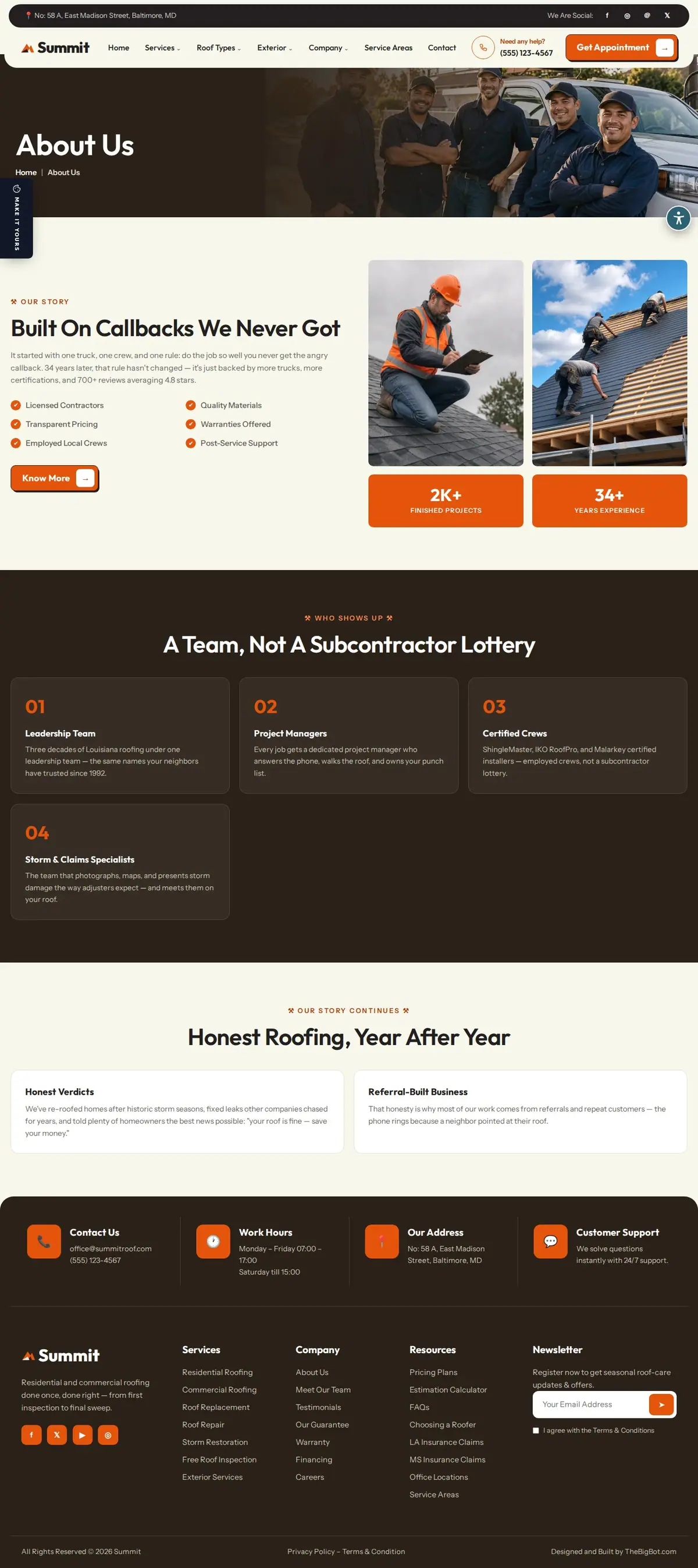 The about page of the Summit Roofing — August 2026 roofing website design