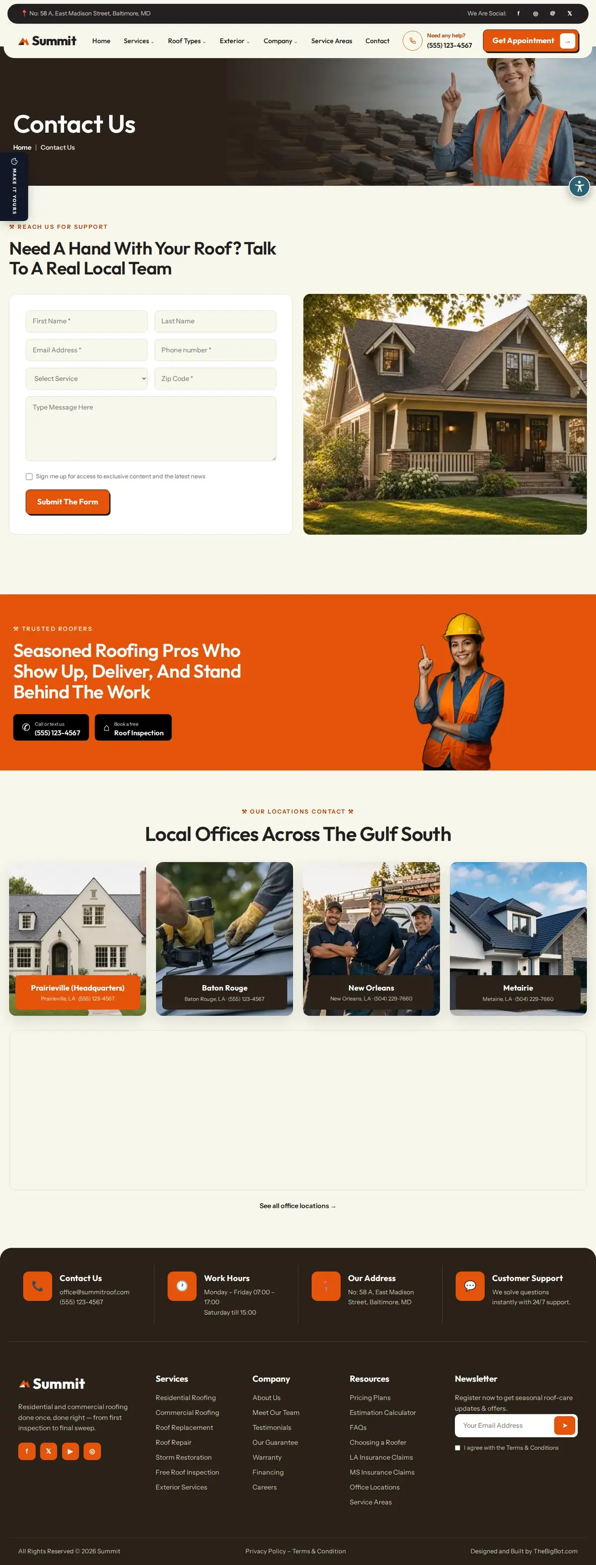 The contact page of the Summit Roofing — August 2026 roofing website design