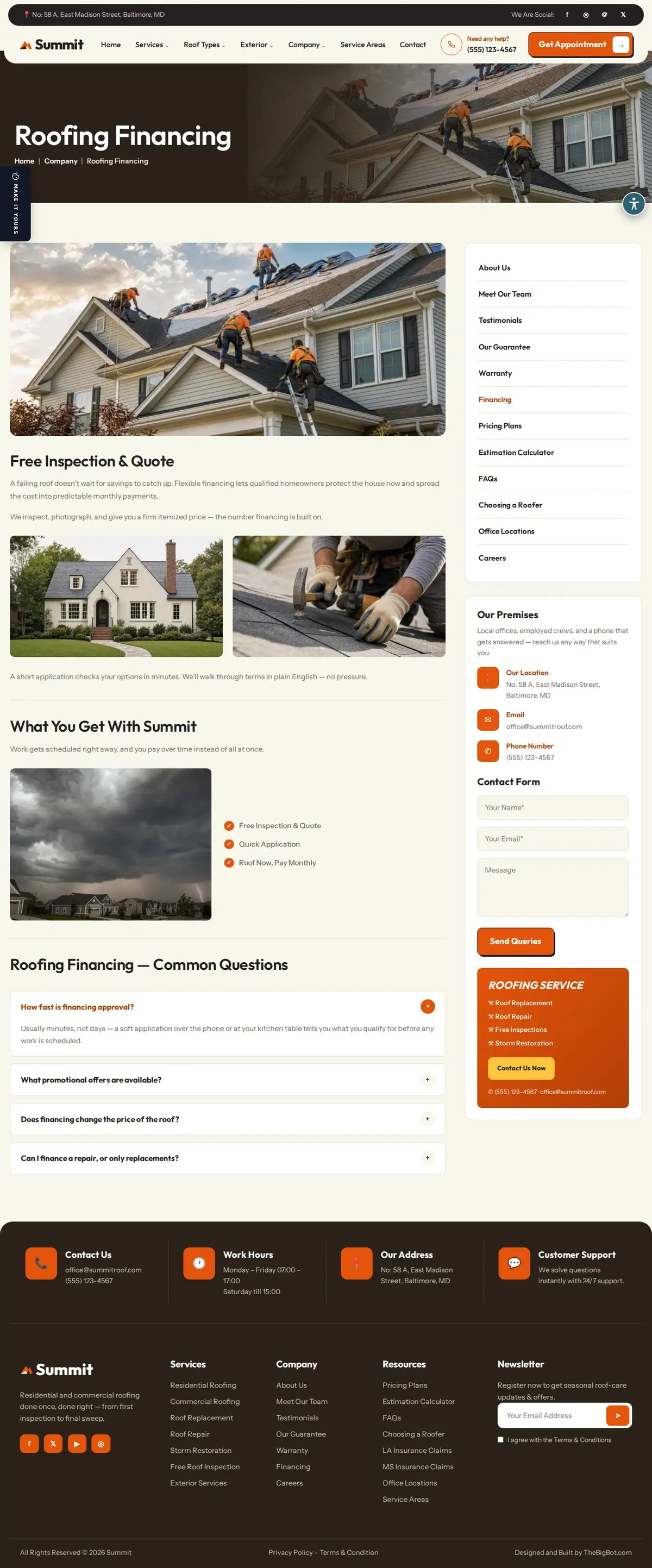 The financing page of the Summit Roofing — August 2026 roofing website design