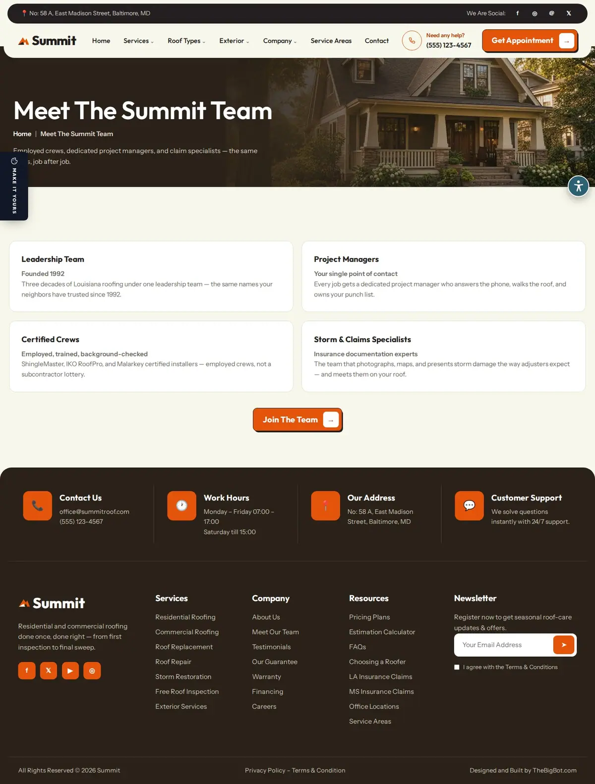 The meet our team page of the Summit Roofing — August 2026 roofing website design