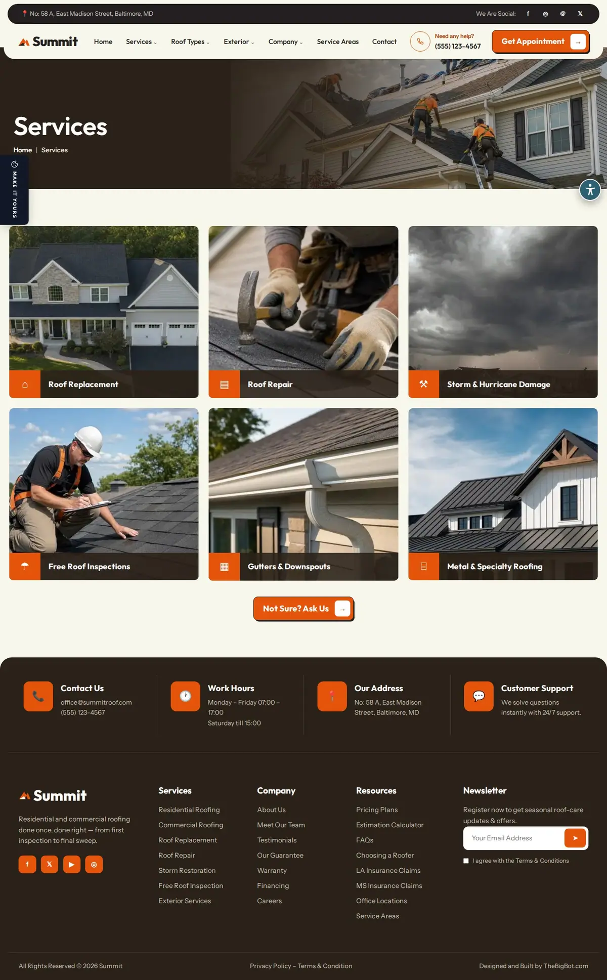 The services page of the Summit Roofing — August 2026 roofing website design