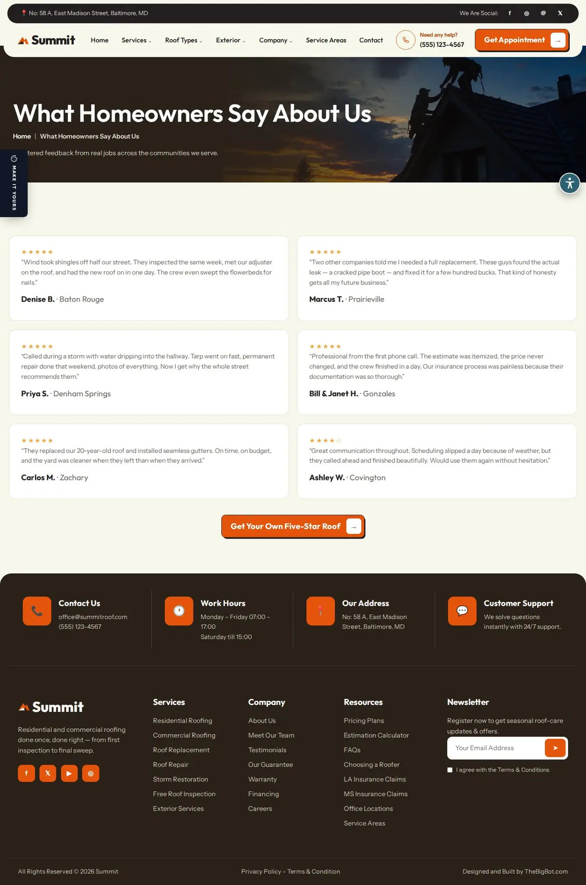 The testimonials page of the Summit Roofing — August 2026 roofing website design