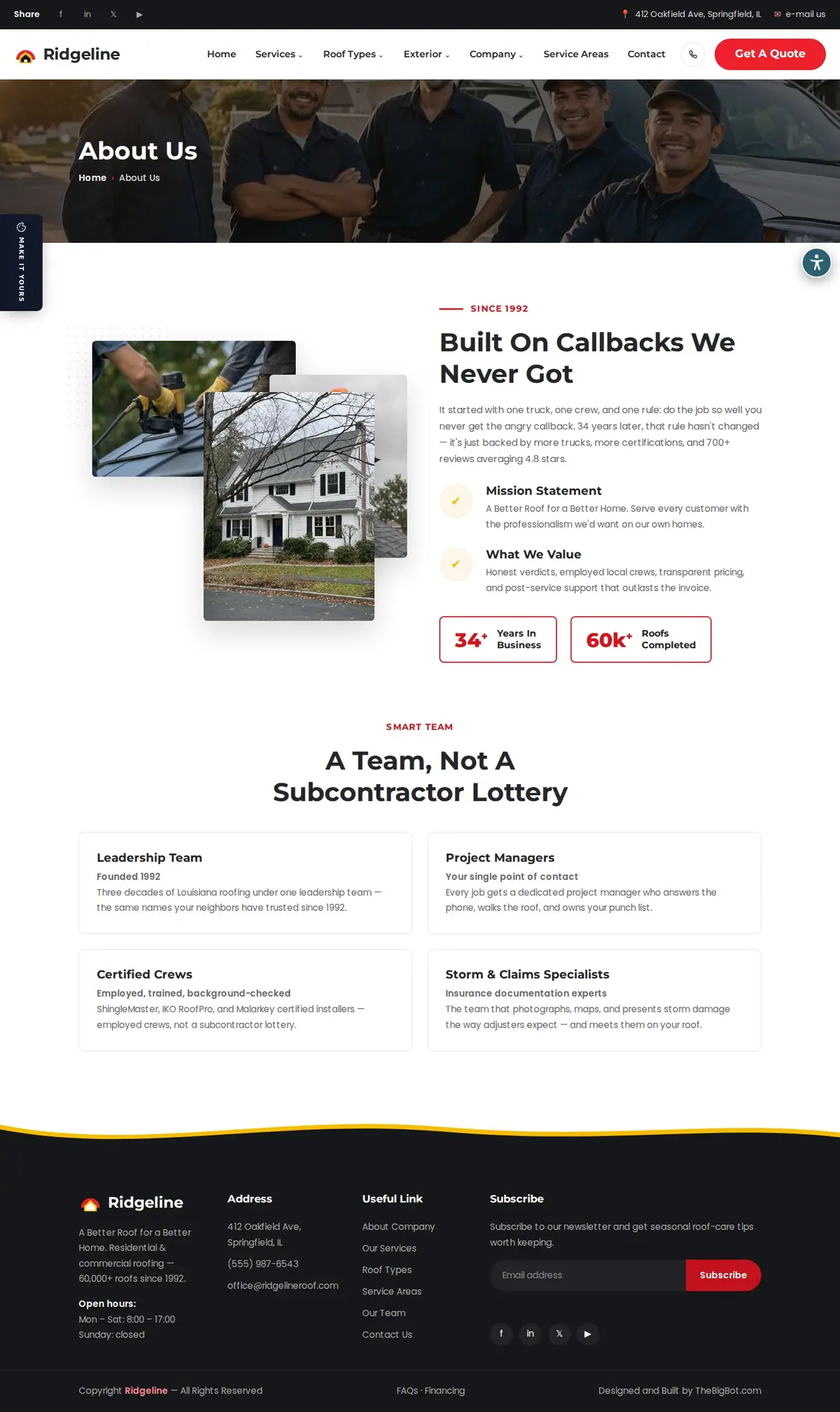 The about page of the Ridgeline Roofing — August 2026 roofing website design