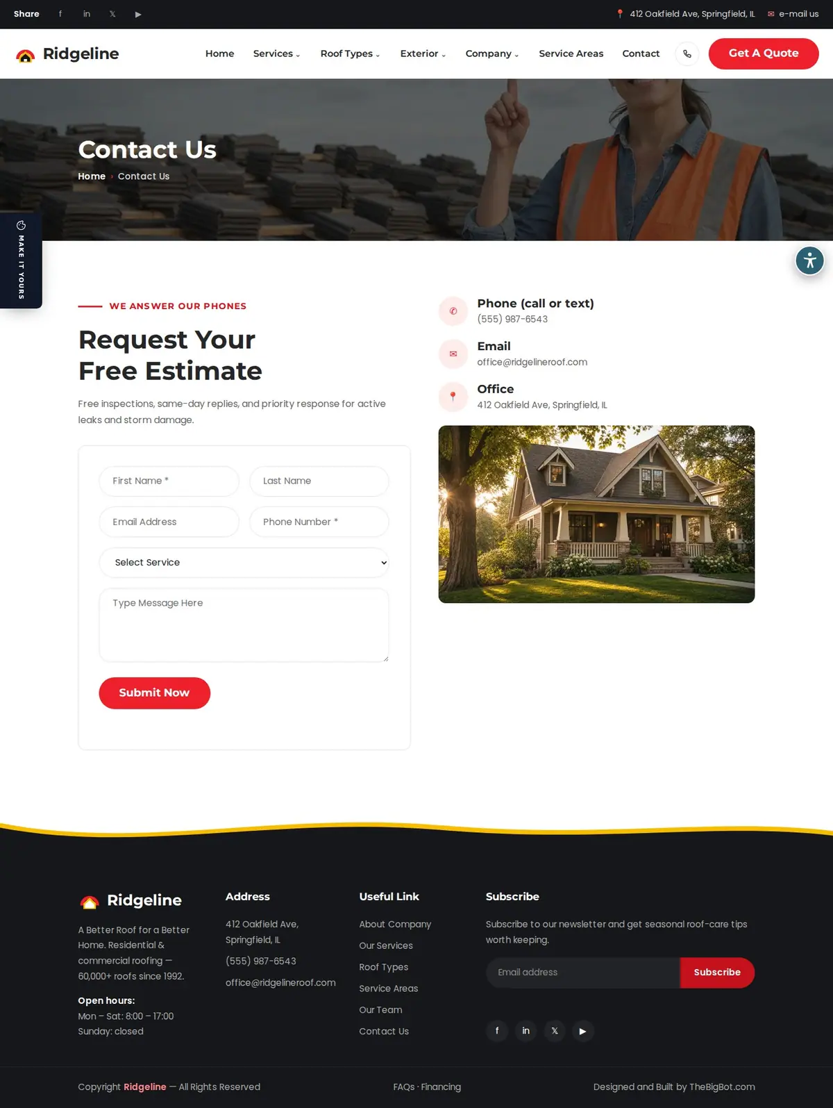 The contact page of the Ridgeline Roofing — August 2026 roofing website design