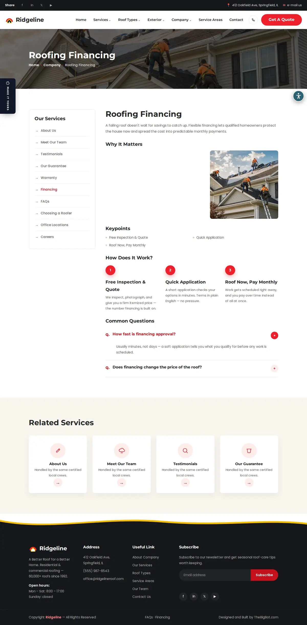 The financing page of the Ridgeline Roofing — August 2026 roofing website design