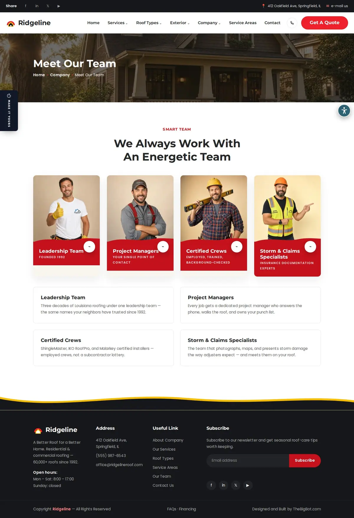 The meet our team page of the Ridgeline Roofing — August 2026 roofing website design