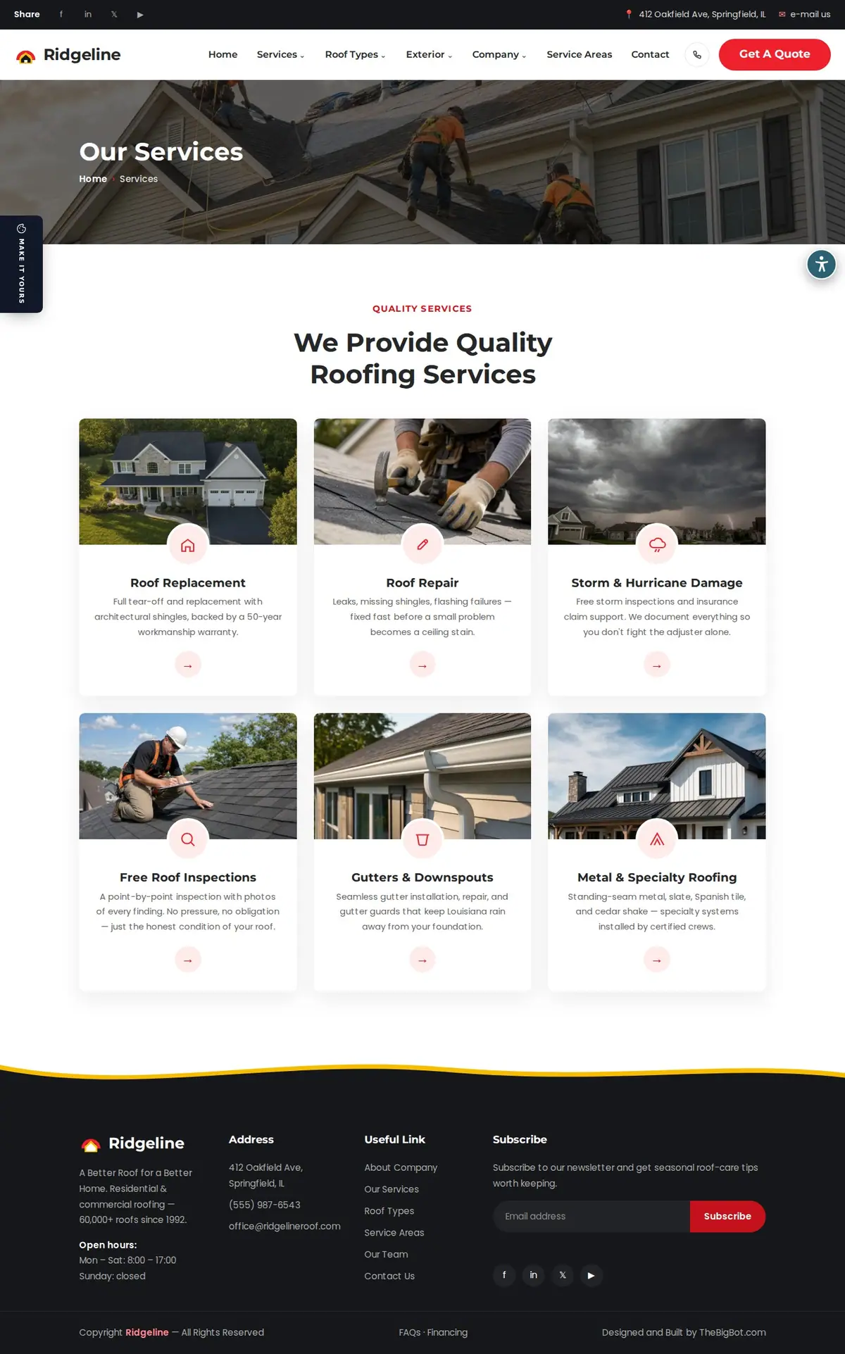 The services page of the Ridgeline Roofing — August 2026 roofing website design