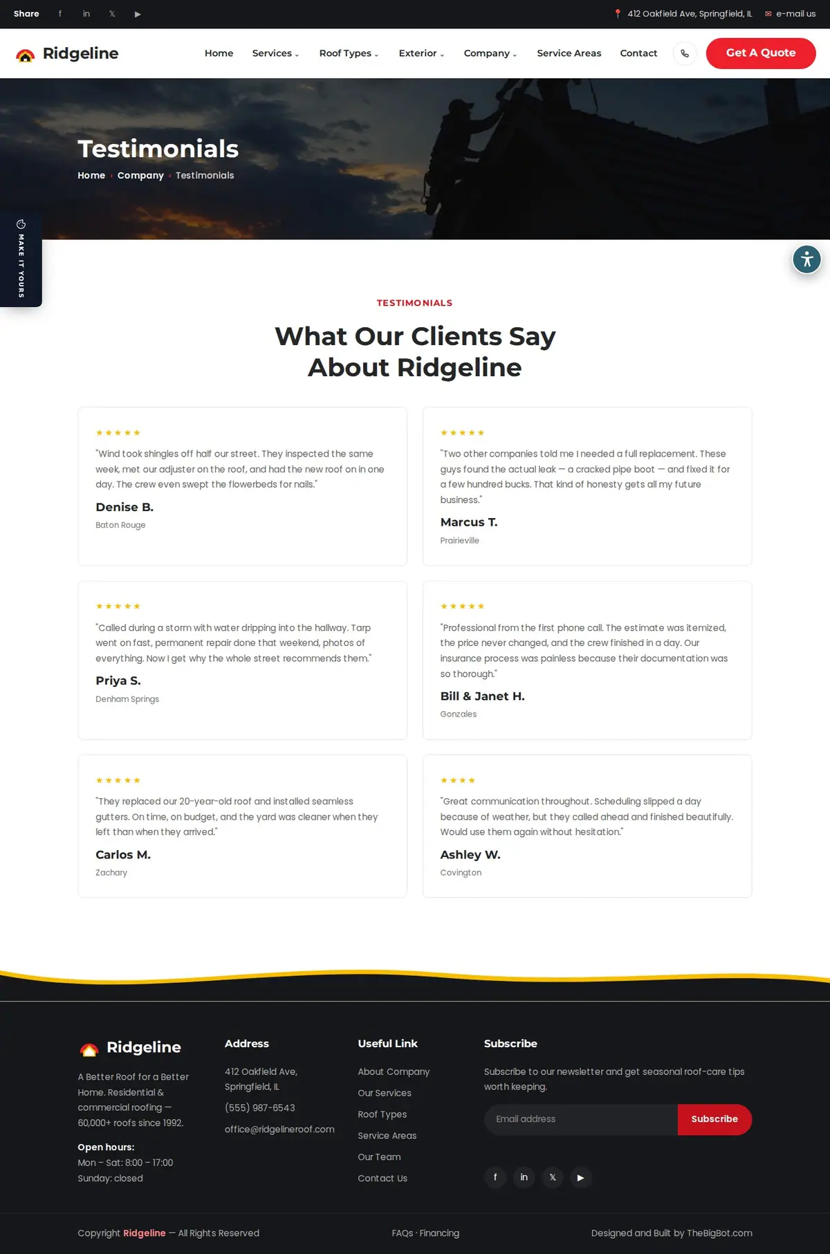 The testimonials page of the Ridgeline Roofing — August 2026 roofing website design