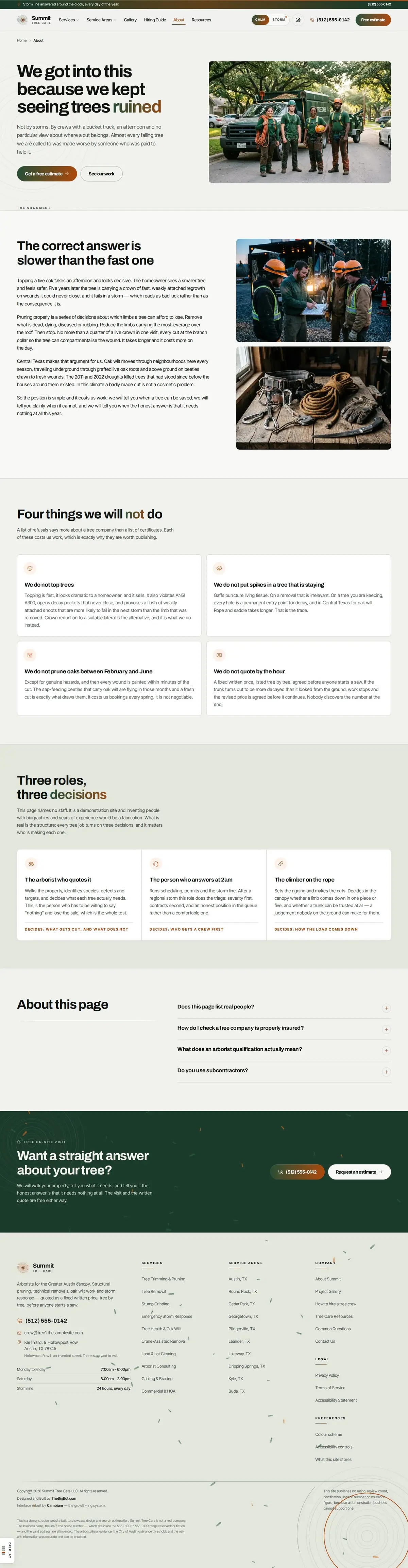 The about page of the Summit Tree tree care website design