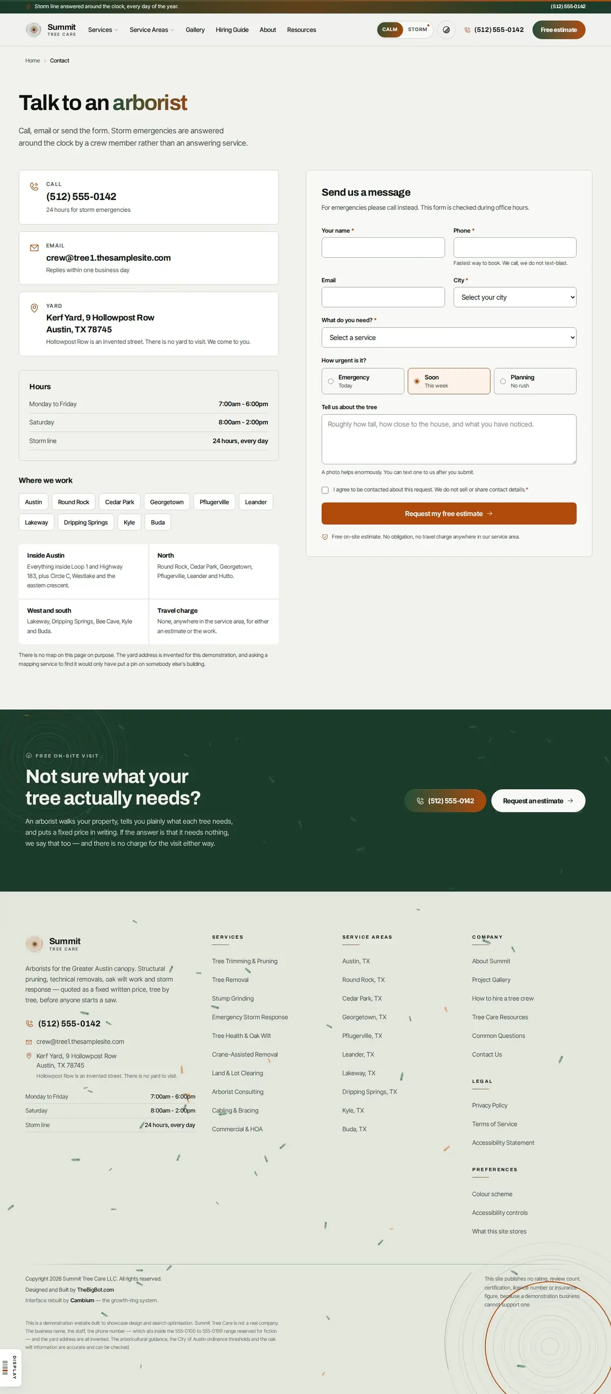 The contact page of the Summit Tree tree care website design