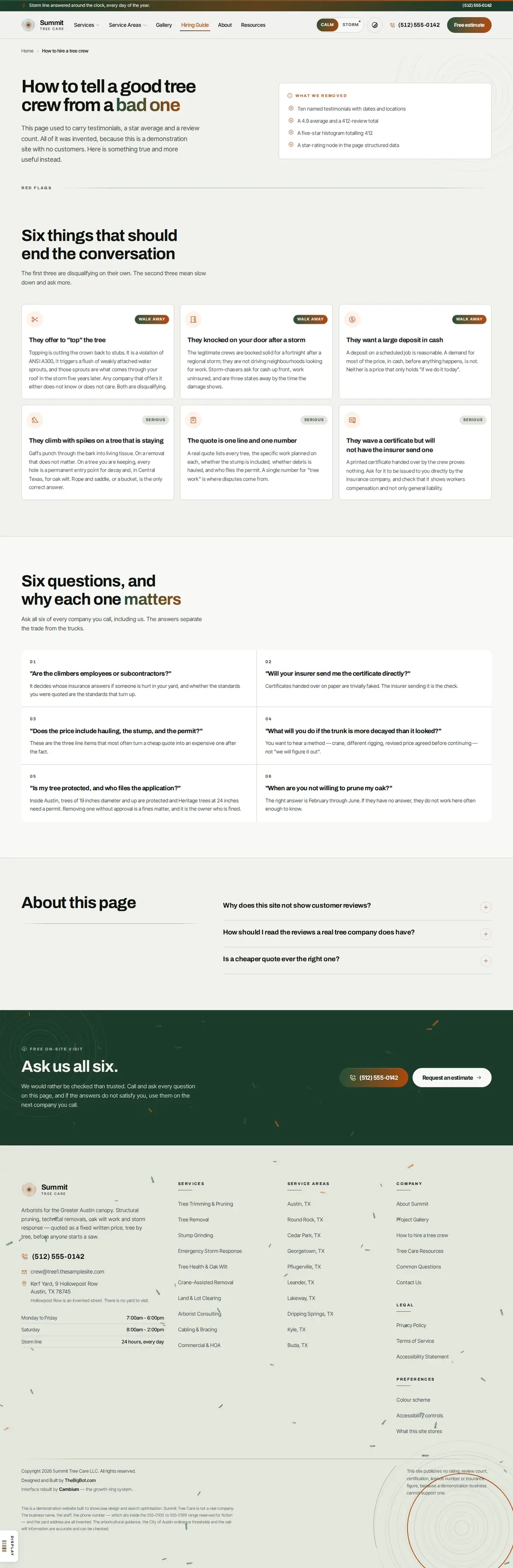 The reviews page of the Summit Tree tree care website design