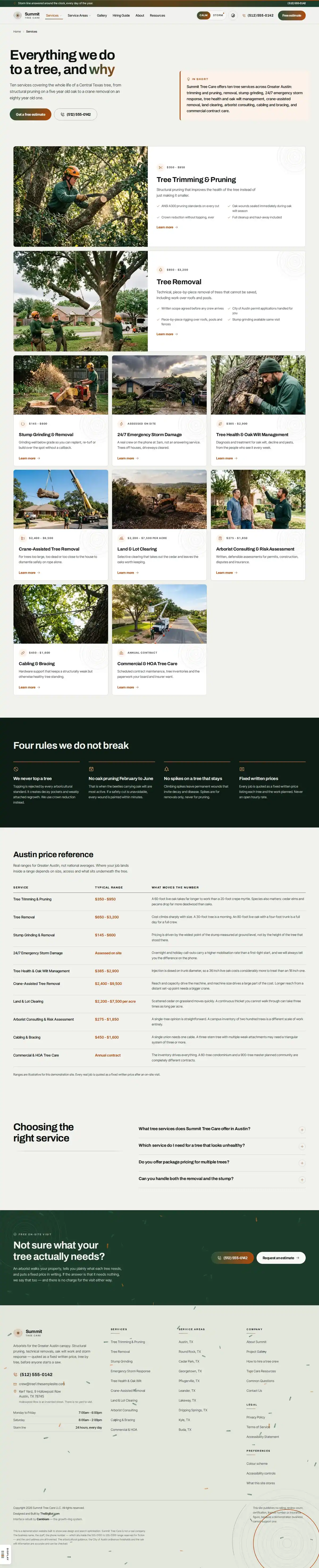 The services page of the Summit Tree tree care website design