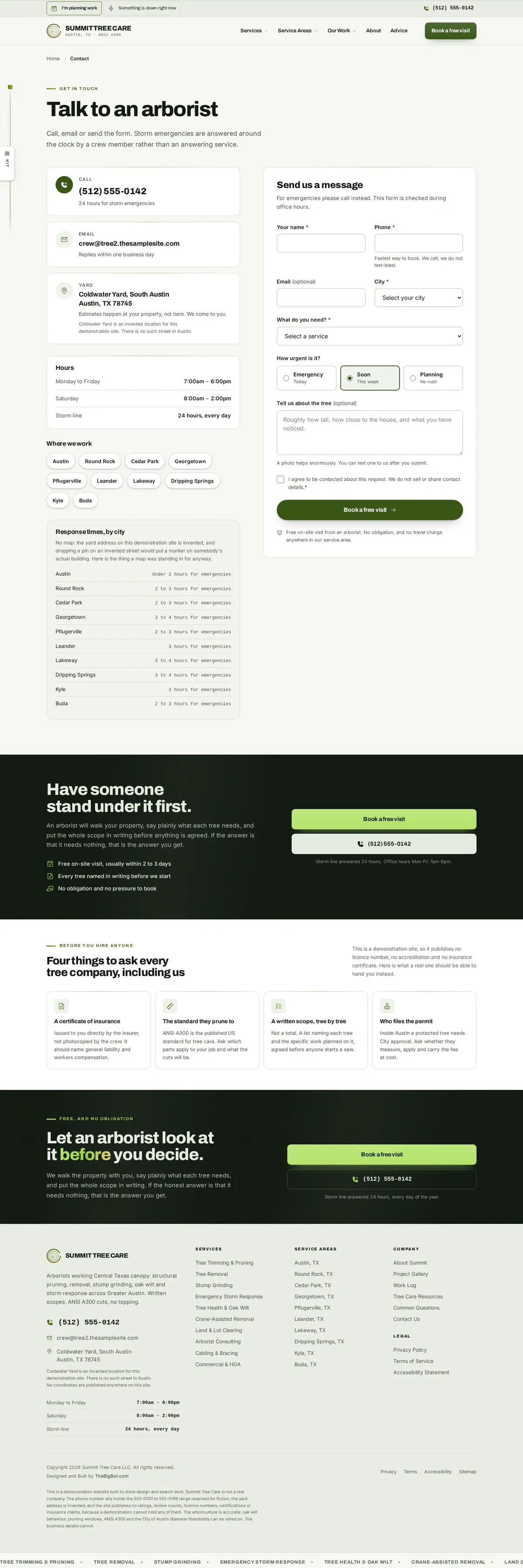 The contact page of the Summit Tree Care — Understory tree care website design