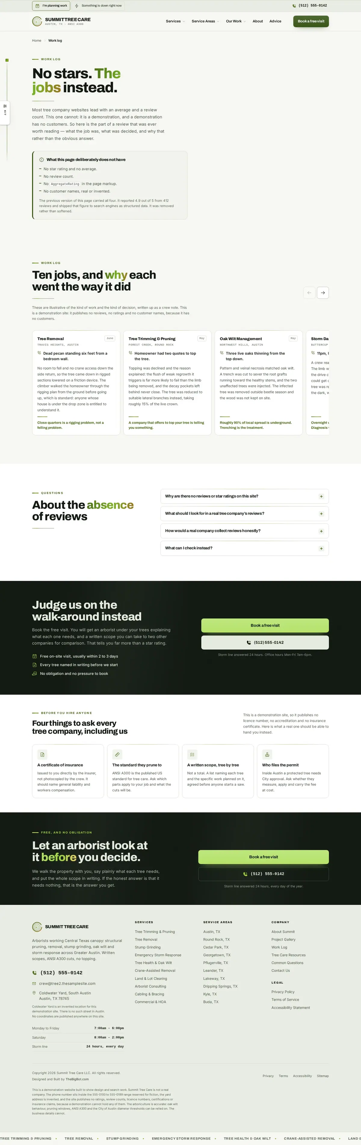 The reviews page of the Summit Tree Care — Understory tree care website design