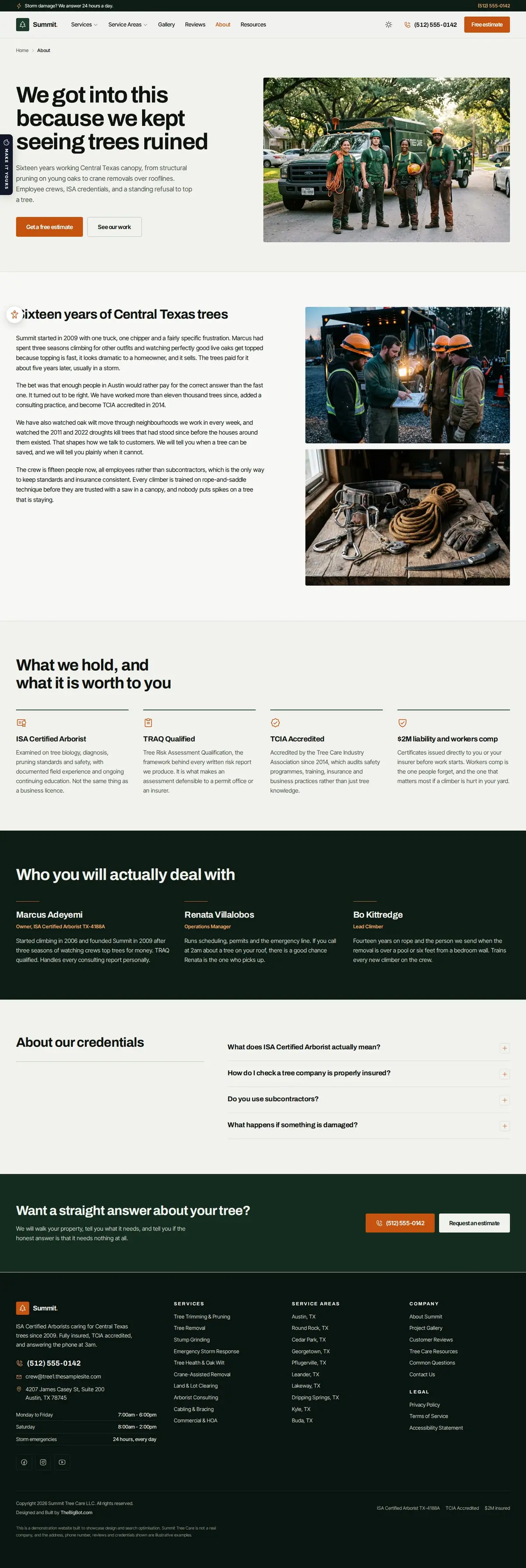 The about page of the Summit Tree Care — August 2026 tree care website design