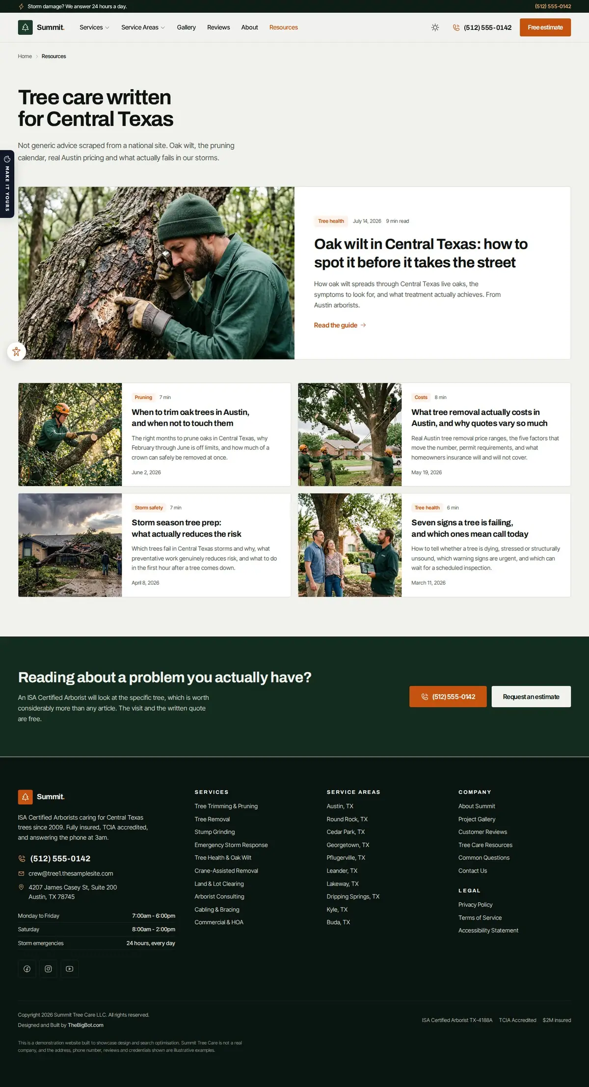 The blog page of the Summit Tree Care — August 2026 tree care website design