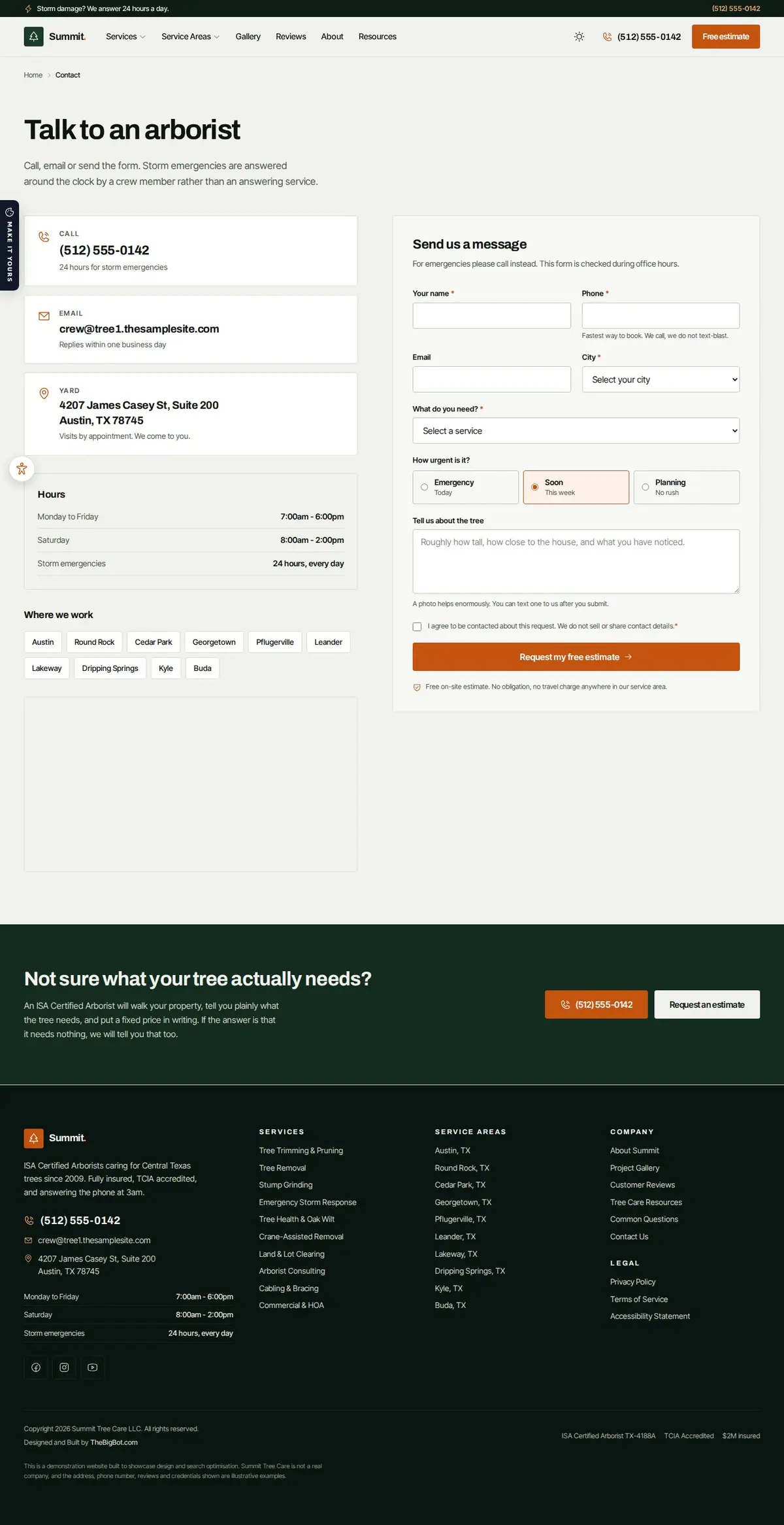 The contact page of the Summit Tree Care — August 2026 tree care website design