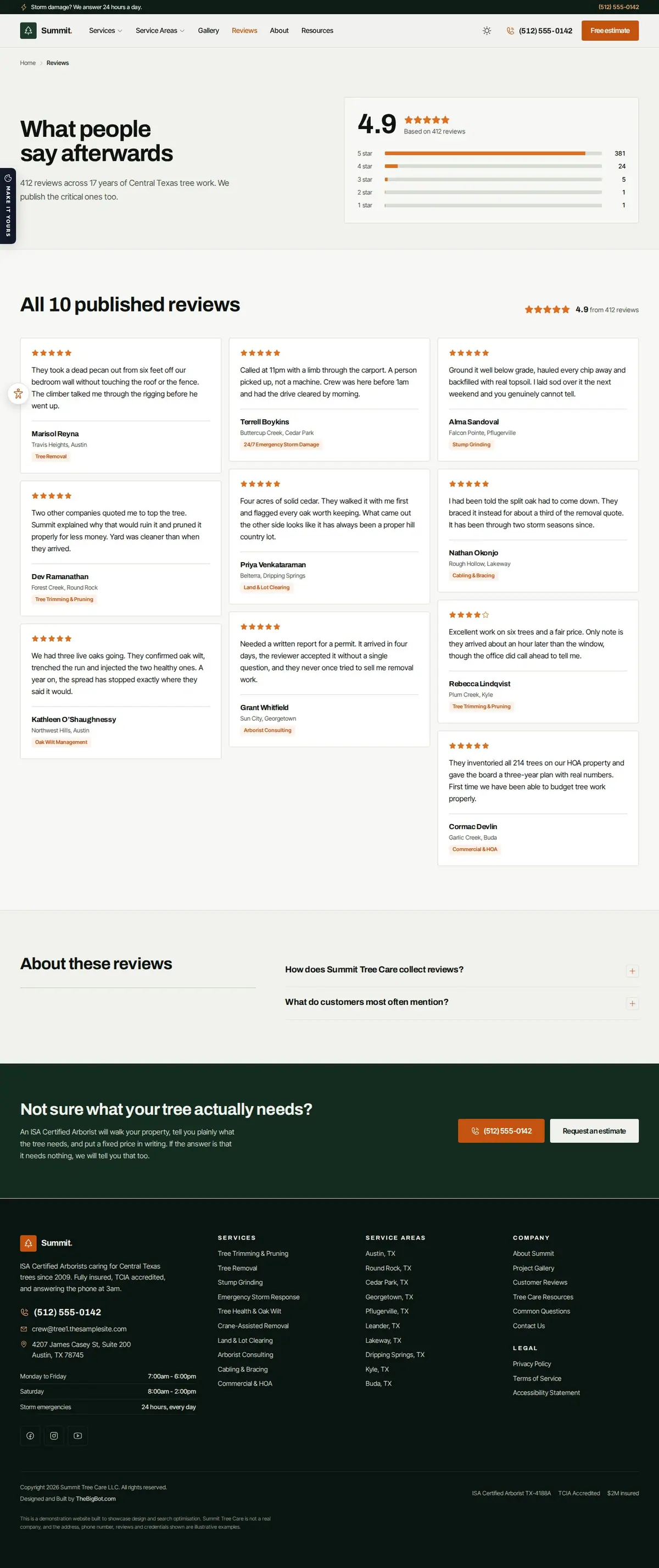 The reviews page of the Summit Tree Care — August 2026 tree care website design