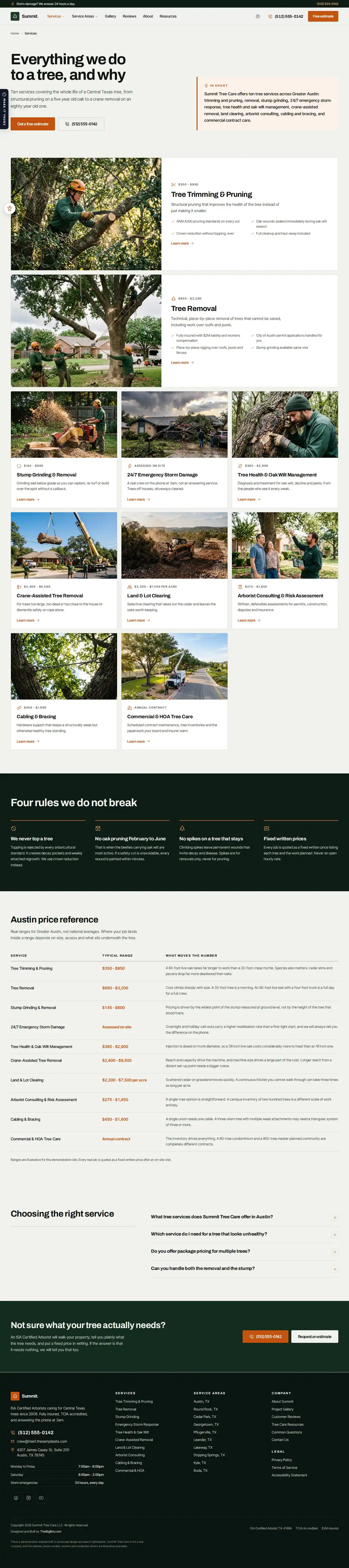 The services page of the Summit Tree Care — August 2026 tree care website design
