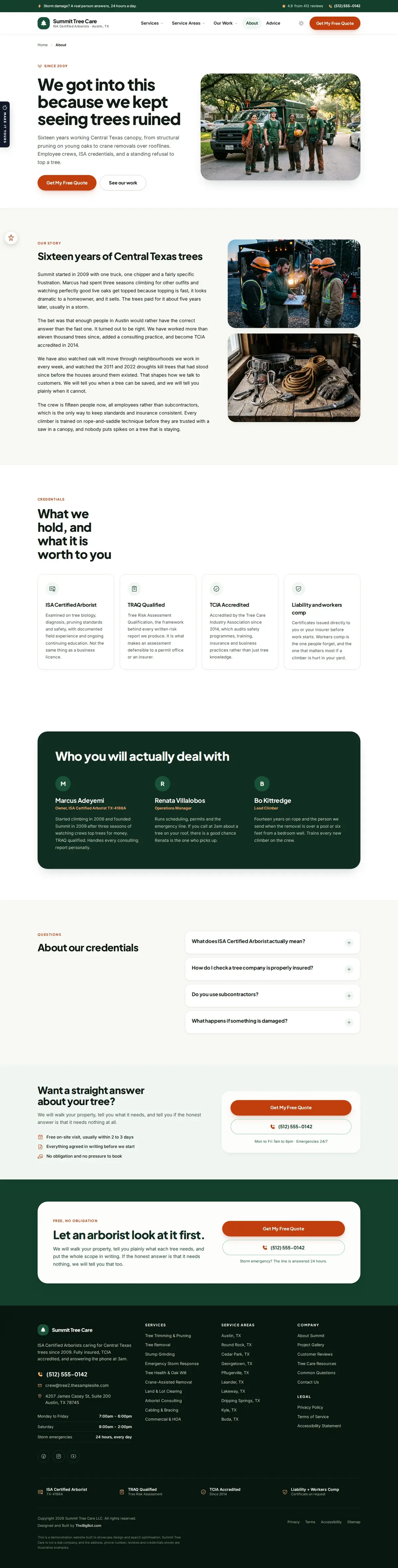 The about page of the Summit Tree Care, Understory — August 2026 tree care website design