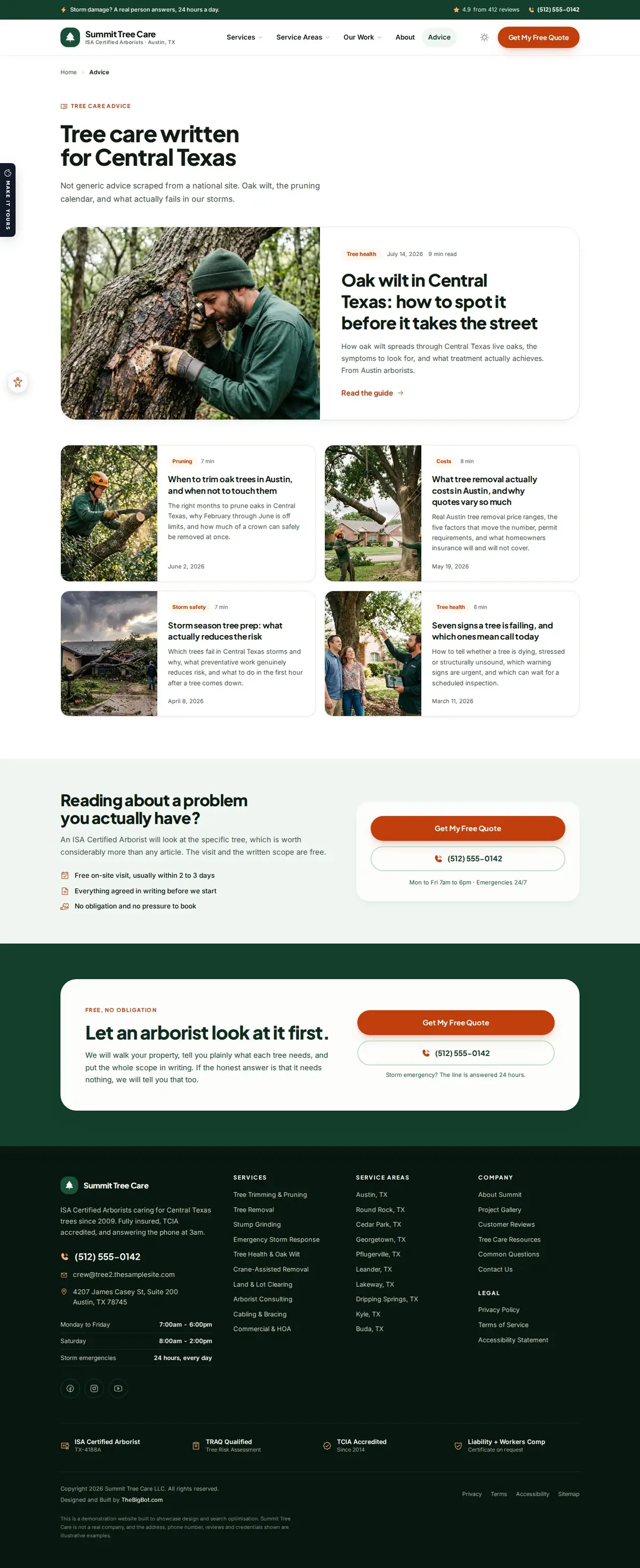 The blog page of the Summit Tree Care, Understory — August 2026 tree care website design