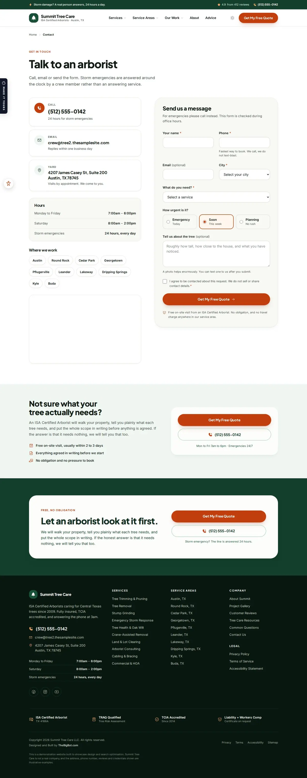 The contact page of the Summit Tree Care, Understory — August 2026 tree care website design