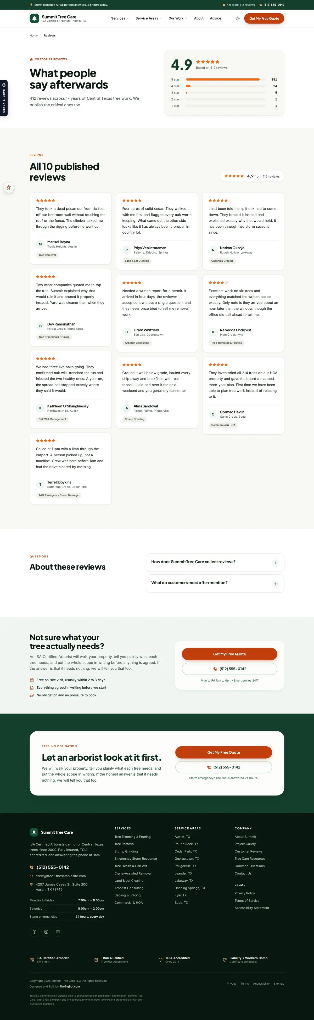 The reviews page of the Summit Tree Care, Understory — August 2026 tree care website design