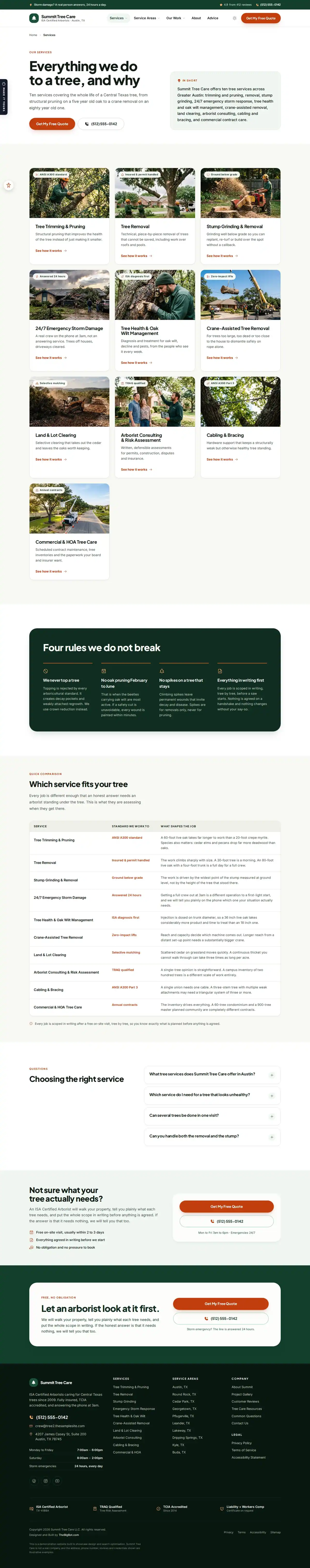 The services page of the Summit Tree Care, Understory — August 2026 tree care website design